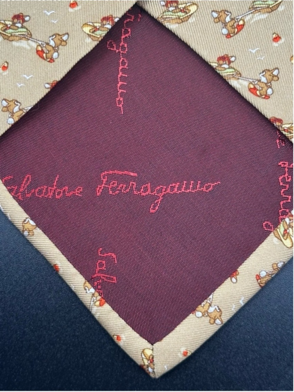 Salvatore Ferragamo Silk Tie Tan Brown Bunnies Driving a Boat Water Skiing - Picture 14 of 15